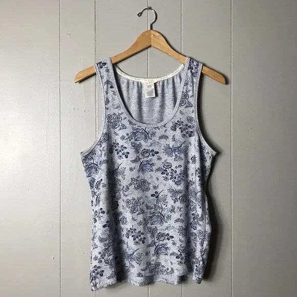LUCKY BRAND GRAY BLUE FLORAL PATTERN SCOOP NECK TANK TOP WOMENS SIZE MEDIUM - Picture 6 of 6